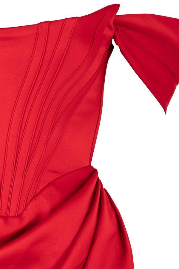Loretta Red Satin Off Shoulder Dress Product Image
