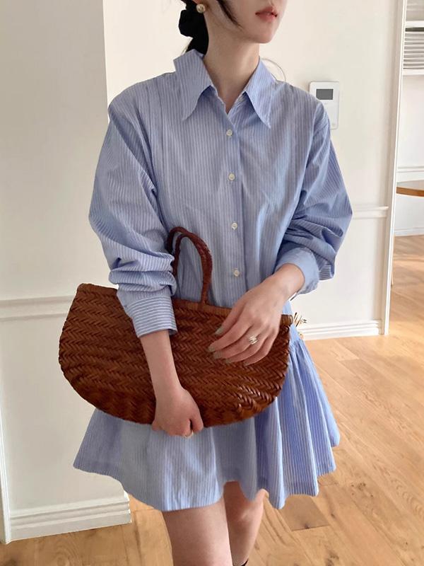 A-Line Long Sleeves Buttoned Pleated Striped Lapel Mini Dresses Shirt Dress Product Image