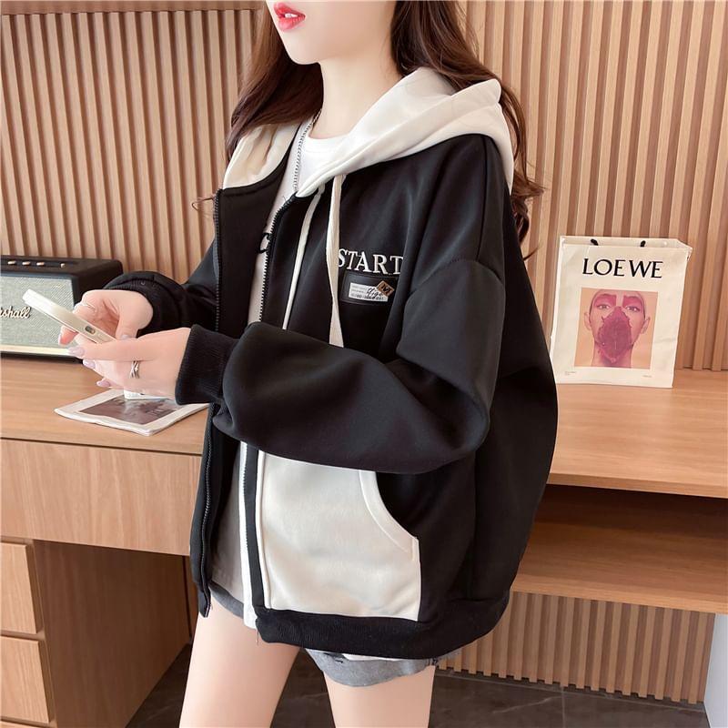 Two Tone Lettering Embroidered Zip-Up Hoodie Product Image