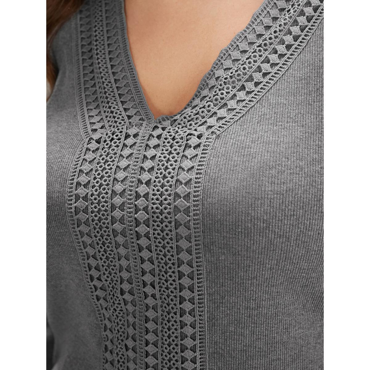 Plus Size Solid V Neck Crochet Lace Rib Knit Long Tee Gray Women Elegant Patchwork Plain V-neck Dailywear T-shirts BloomChic 14-16/1X Product Image
