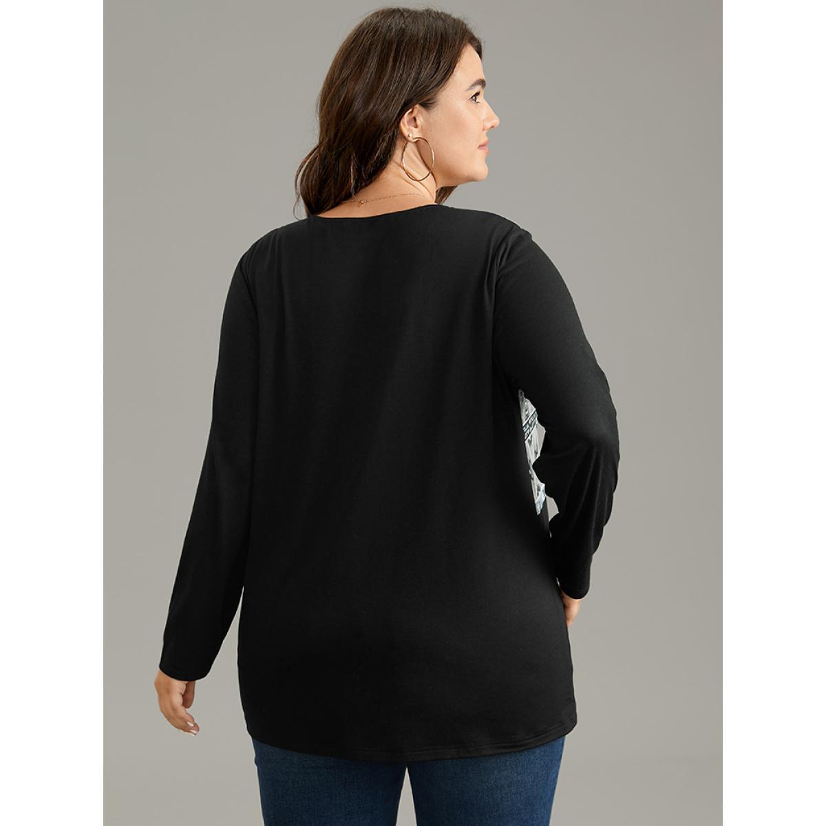 Plus Size Boho Print Patchwork Button Up T-shirt Black Women Casual Patchwork Bohemian Print Round Neck Dailywear T-shirts BloomChic 10/M Product Image