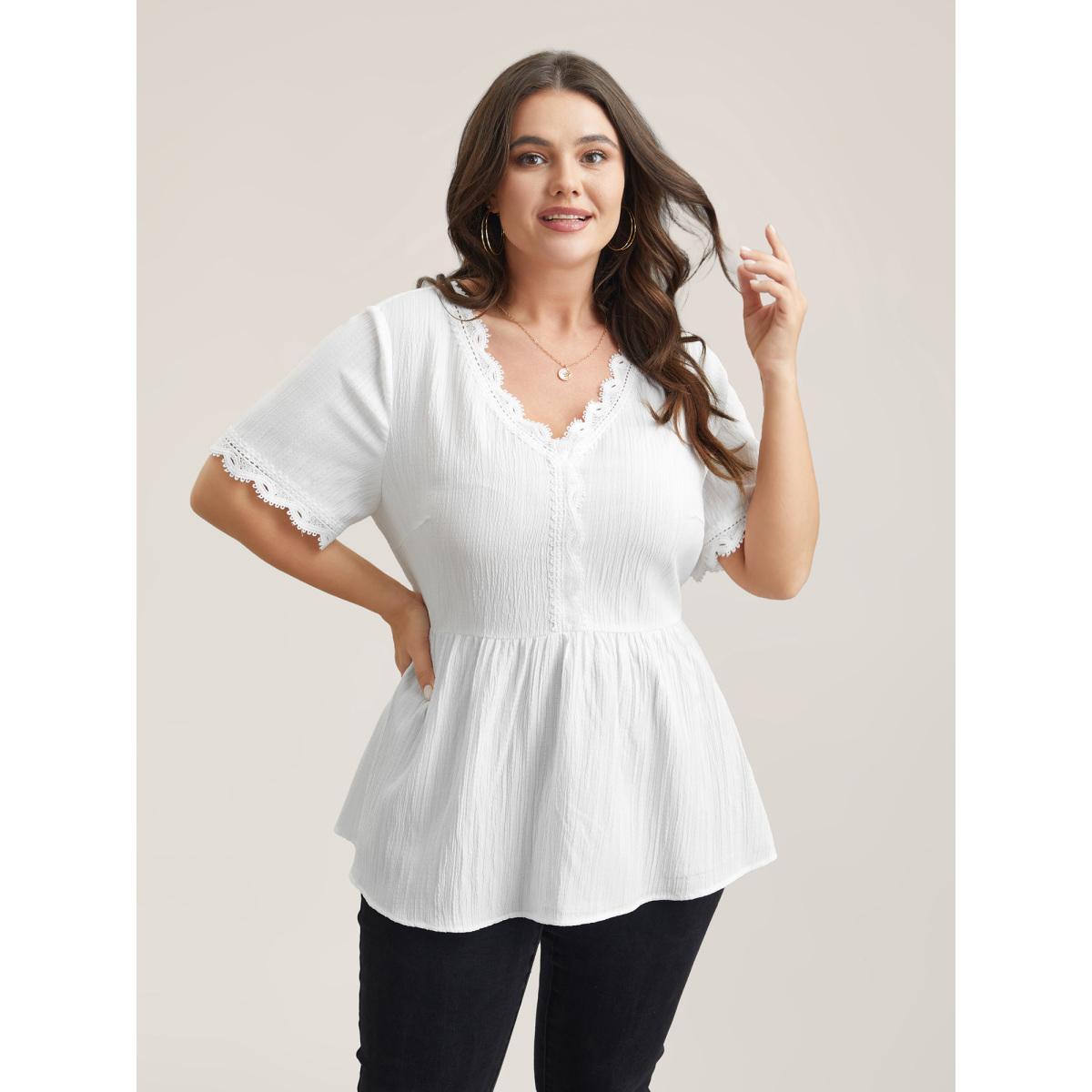 Plus Size Beige Scalloped Lace Textured Sheer Flared Shirt Women Casual Short sleeve V-neck Everyday Blouses BloomChic 18-20/2X Product Image