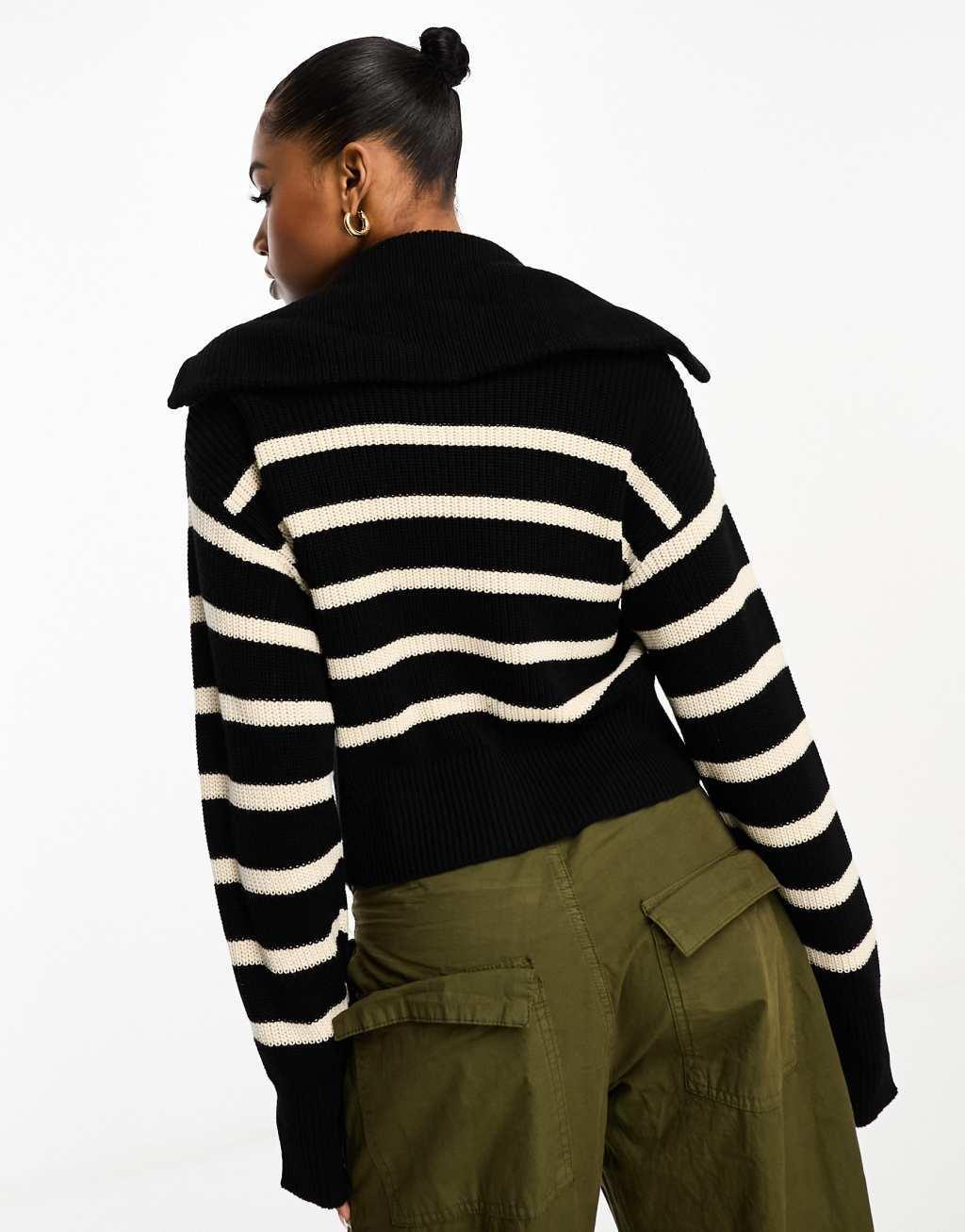 Monki high zip neck knit sweater in black and white stripe Product Image