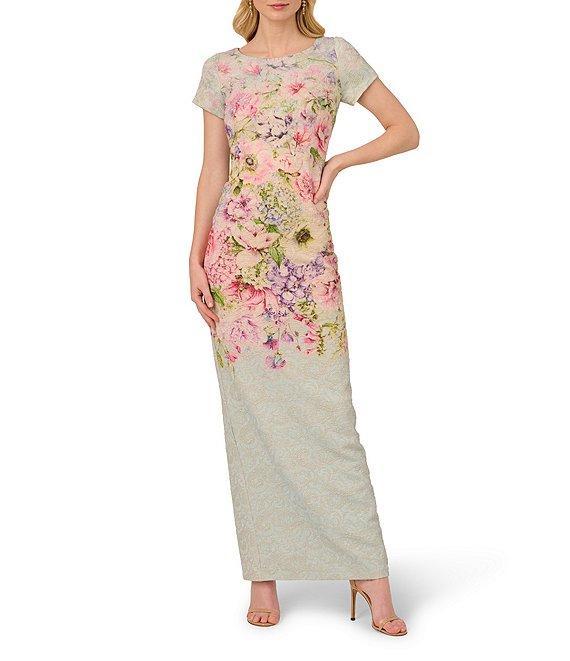 Adrianna Papell Jacquard Floral Print Crew Neck Short Sleeve Sheath Gown Product Image
