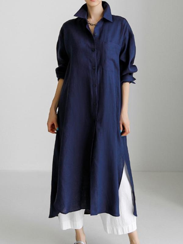 Simple Long Sleeves Split-Side Solid Color Lapel Midi Dresses Shirt Dress Product Image