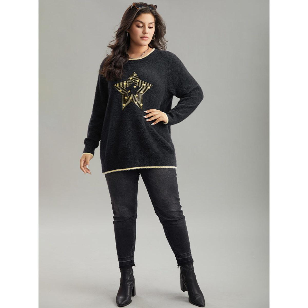 Plus Size Star Embroidered Contrast Trim Pullover Black Women Casual Loose Long Sleeve Round Neck Dailywear Pullovers BloomChic 14-16/1X Product Image