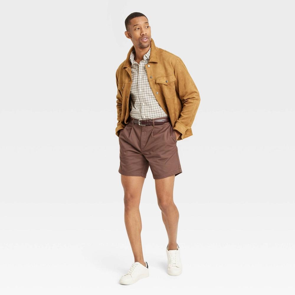 Men's 7" Pleated Trouser Shorts - Goodfellow & Co™ Dark Brown 31: Midweight Poplin, Stretch, Front & Back Pockets Product Image