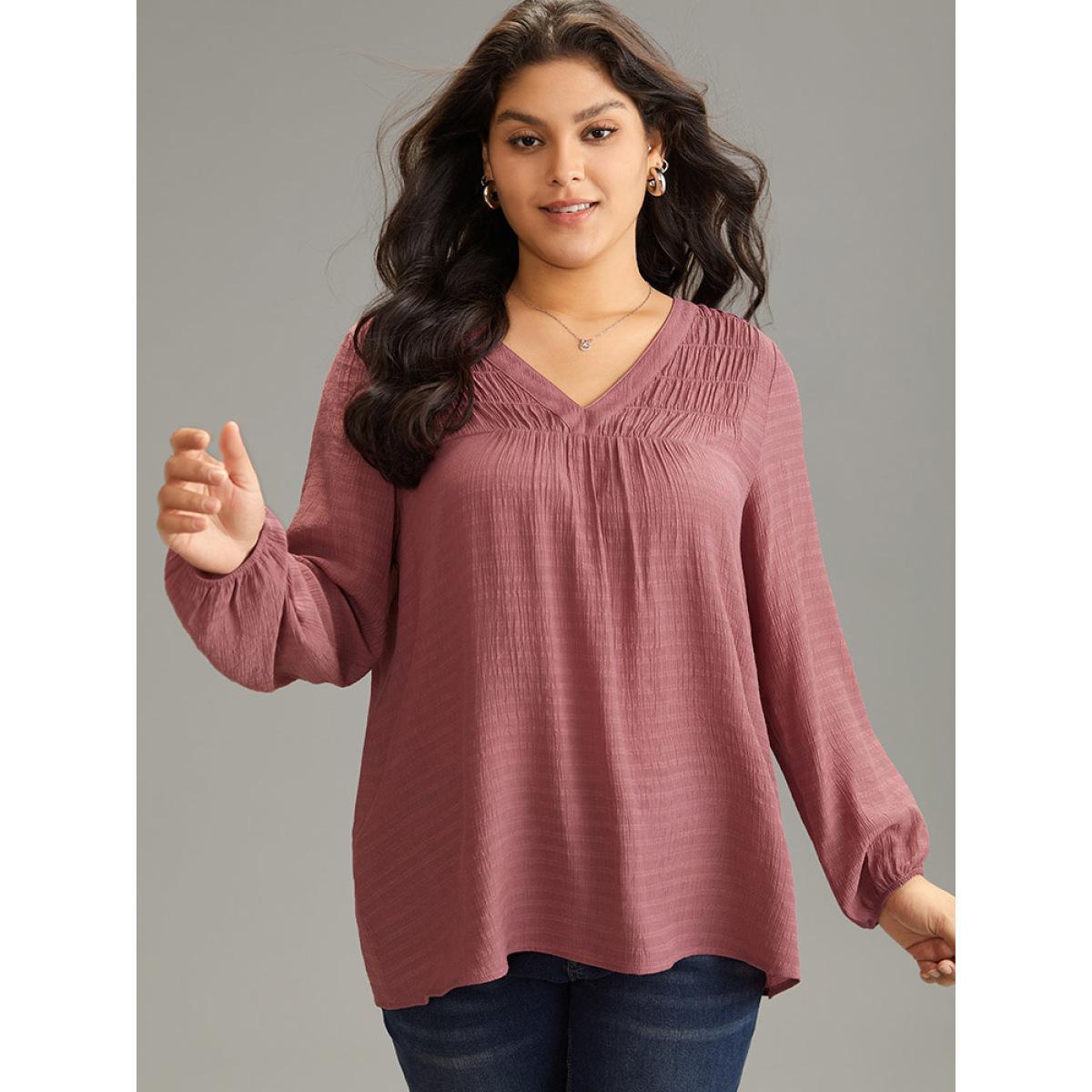 Plus Size DustyPink Plain Gathered Texture Lantern Sleeve Blouse Women Elegant Long Sleeve V-neck Dailywear Blouses BloomChic 30/6X Product Image