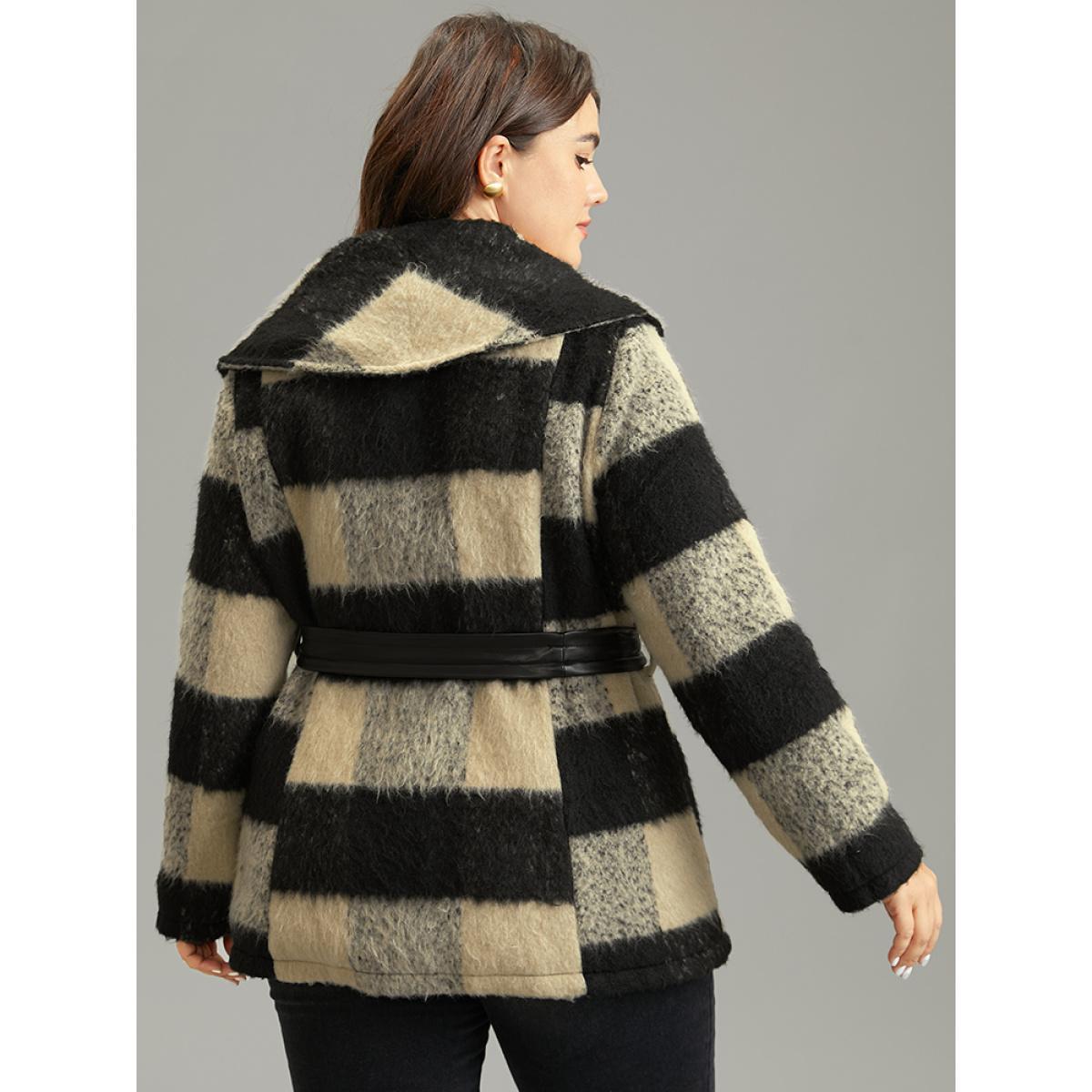 Plus Size Plaid PU Leather Belted Lapel Collar Coat Women Black Casual Lined Ladies Dailywear Winter Coats BloomChic 14-16/1X Product Image