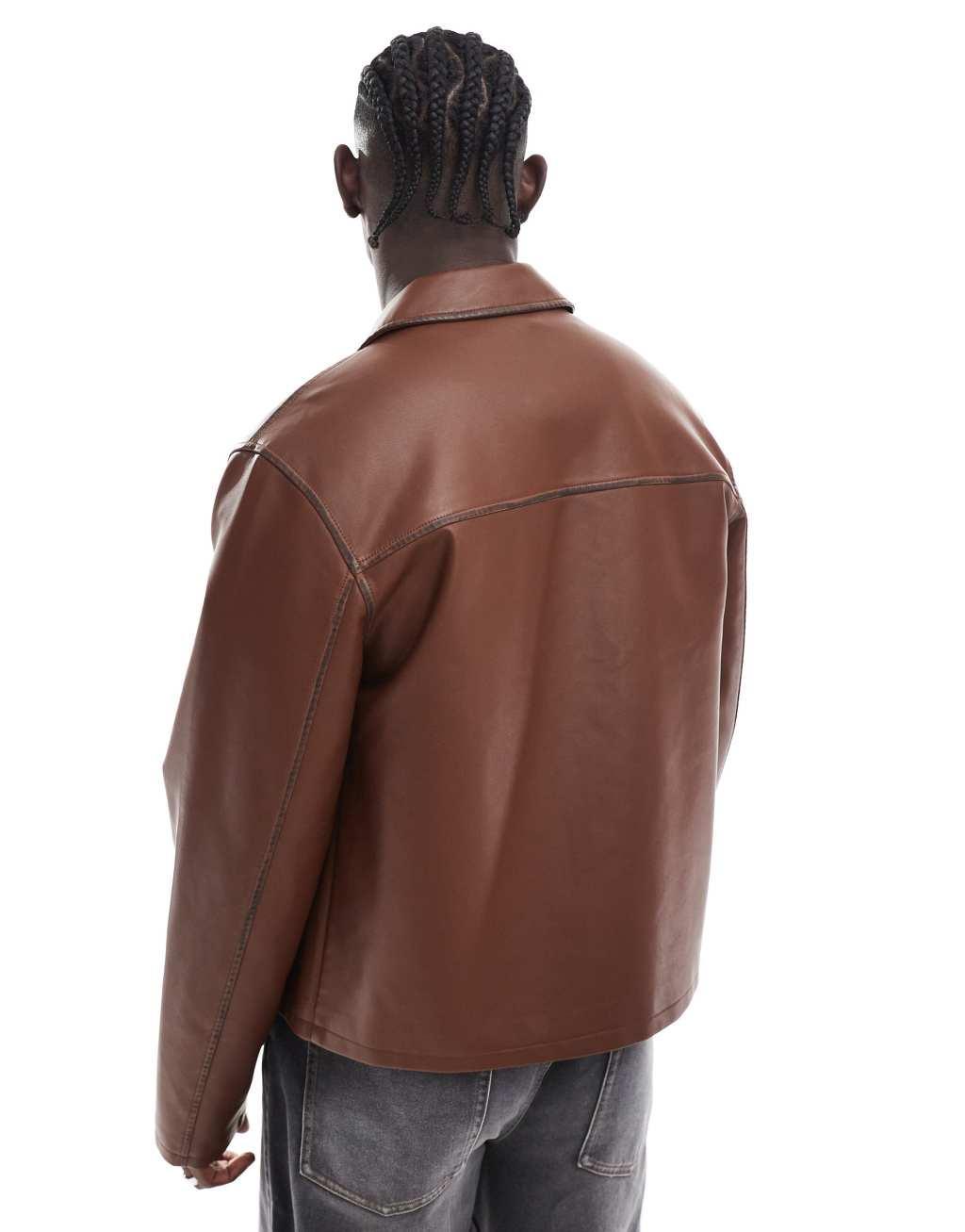 ASOS DESIGN faux leather harrington jacket in brown Product Image
