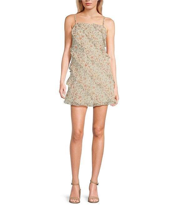 B. Darlin Spaghetti Strap Scoop Neck Allover Ruffle Trim Detail Chiffon Printed Dress Product Image