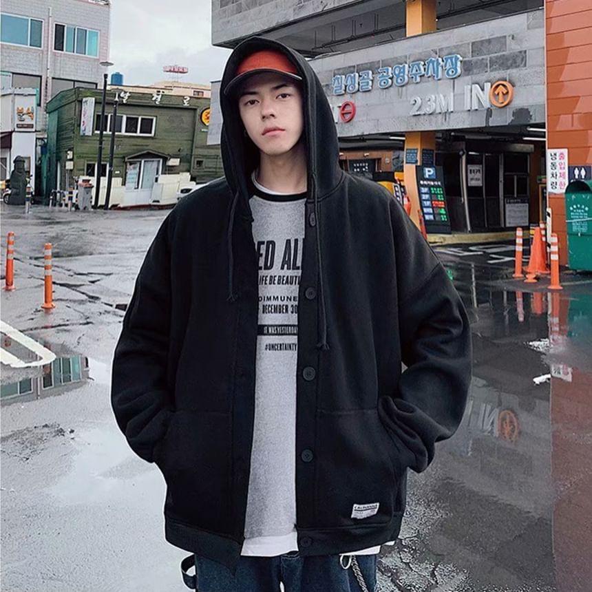 Lettering Applique Drawstring Fleece-Lined Button Hoodie Product Image