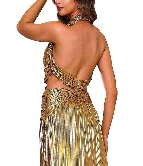 Terani Couture Halter Deep V-Neck Side Cut Out Foiled Chiffon A-Line Gown Product Image