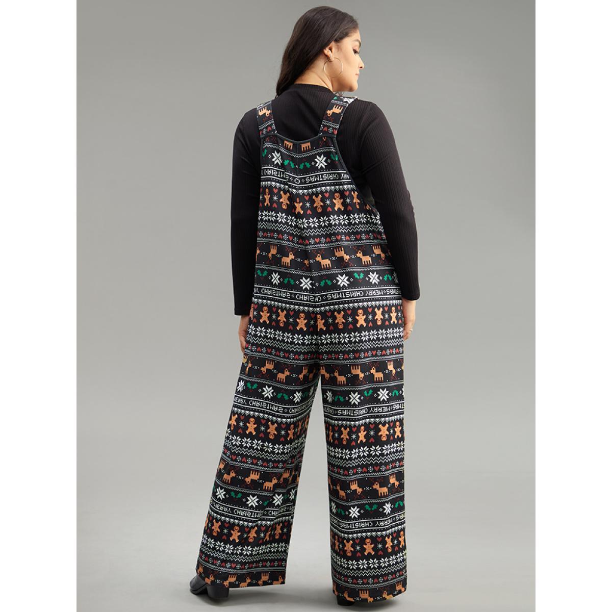 Plus Size Black Christmas Print Adjustable Straps Jumpsuit Women Casual Sleeveless Spaghetti Strap Dailywear Loose Jumpsuits BloomChic 22-24/3X Product Image