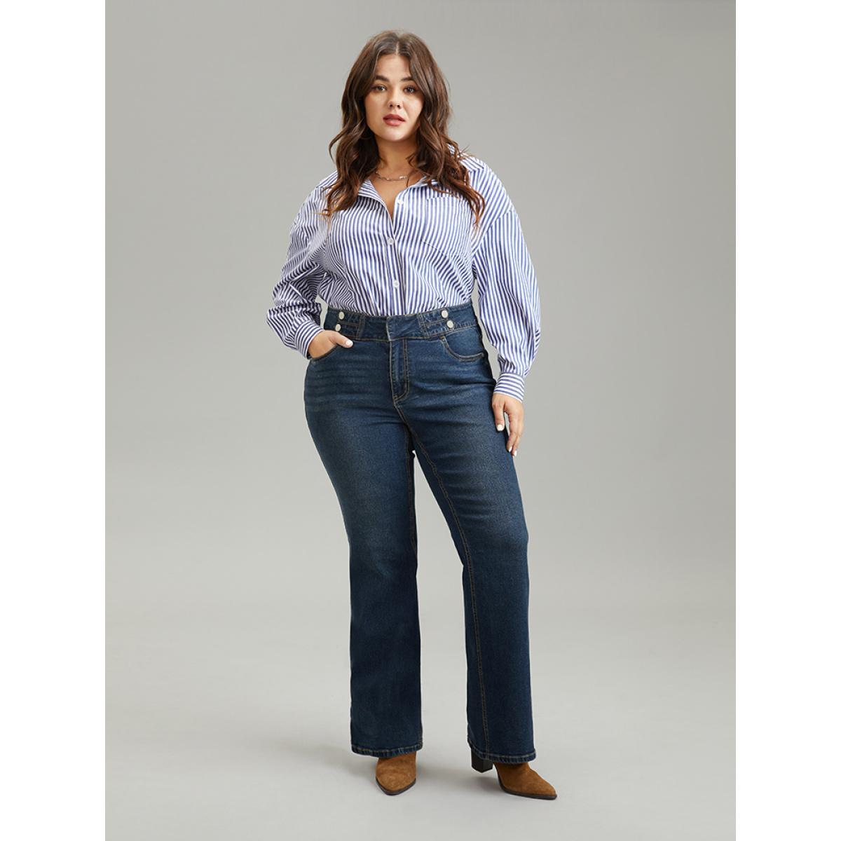Plus Size Dark Wash Full Length Button Detail Jeans Women Indigo Casual Plain Plain High stretch Pocket Jeans BloomChic 30/6X Product Image