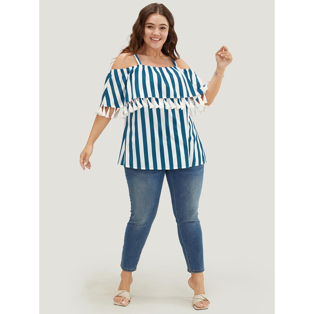 Plus Size Aegean Striped Print Tassels Trim Cold Shoulder Blouse Women Vacation Sleeveless Cold Shoulder Dailywear Blouses BloomChic 26/4X Product Image