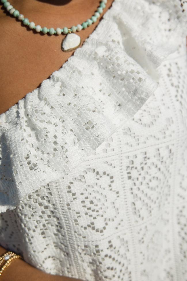 Where Memories Are Made White Crochet One Shoulder Dress SALE Product Image