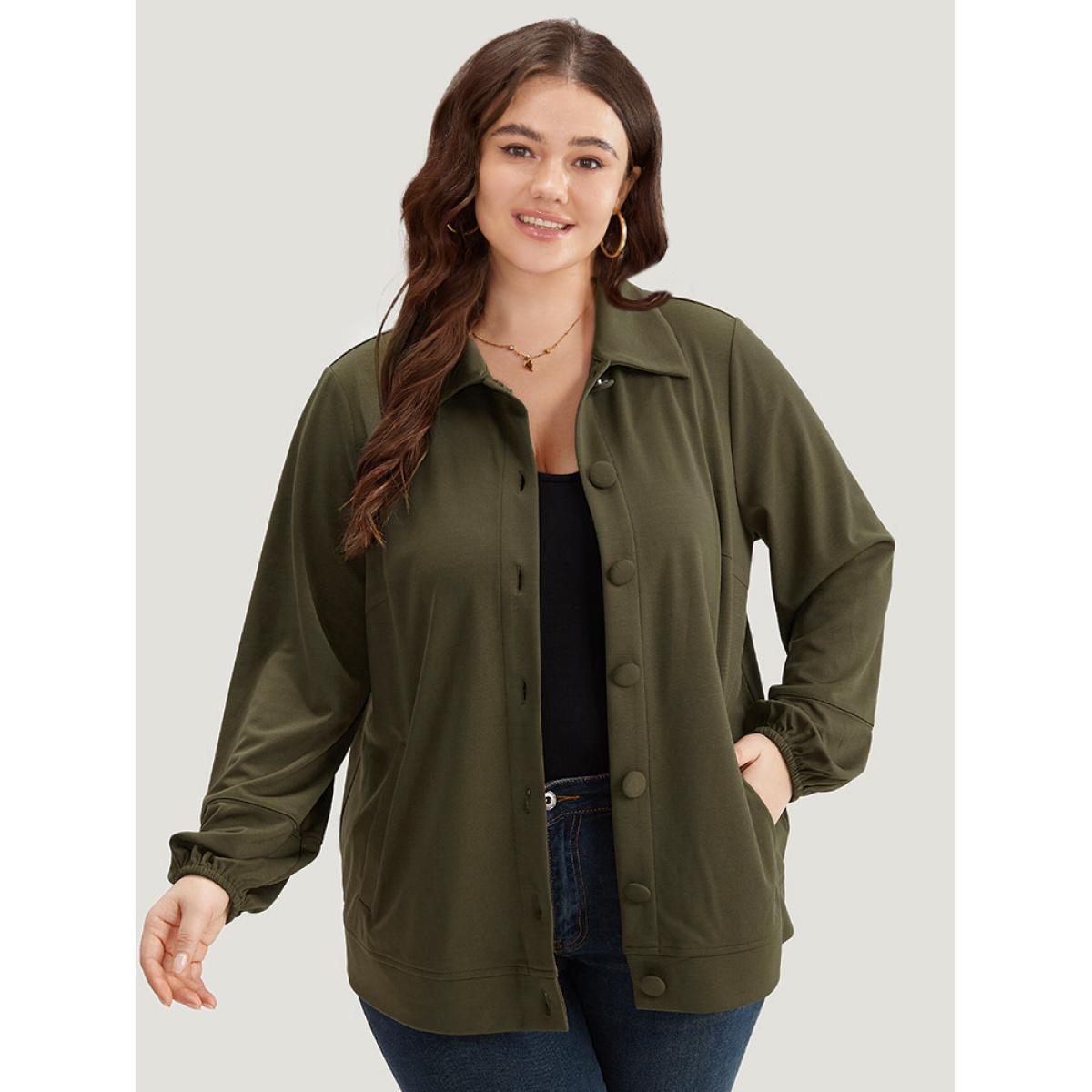Plus Size Plain Slant Pocket Button Up Elastic Cuffs Jacket Women ArmyGreen Elastic cuffs Pocket Everyday Jackets BloomChic 12/L Product Image