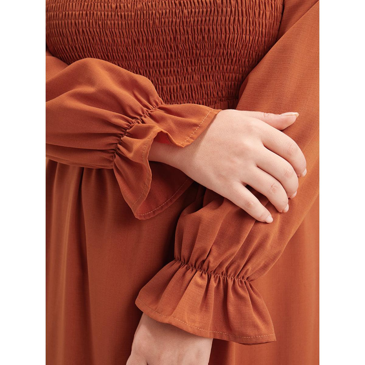 Plus Size Solid Shirred Square Neck Lantern Sleeve Split Hem Dress Rust Women Elegant Shirred Square Neck Long Sleeve Curvy Midi Dress BloomChic 18-20/2X Product Image