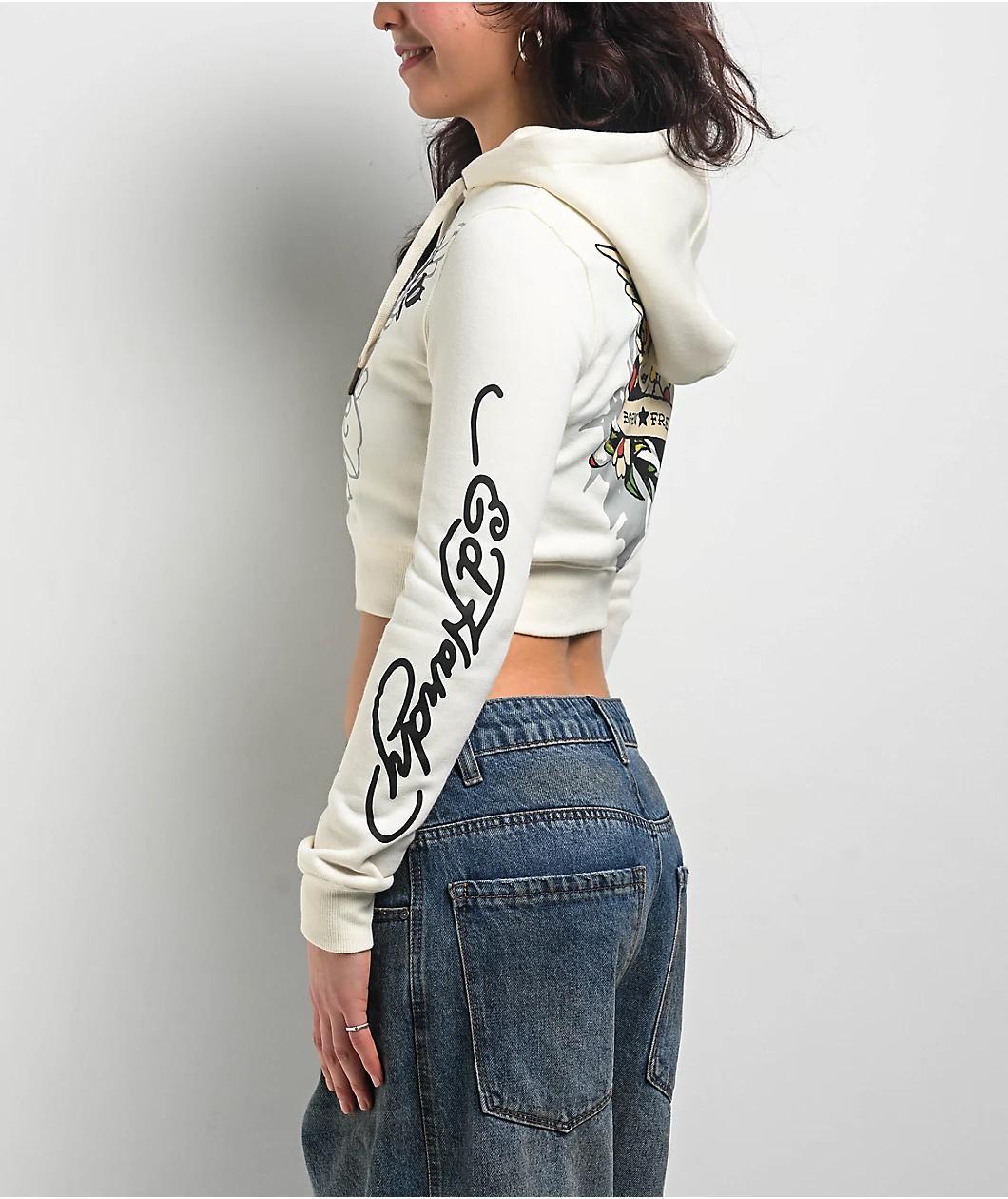 Ed Hardy Sacred Heart Ivory Crop Zip Hoodie Product Image