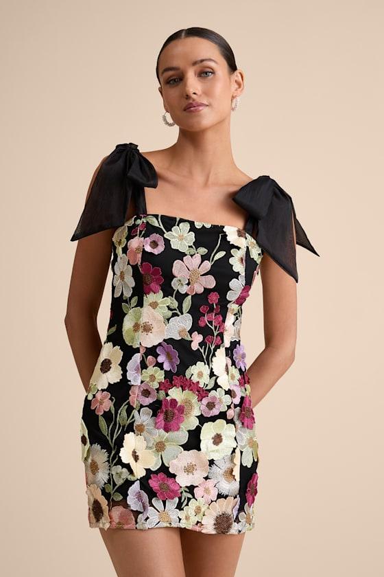 Emphatically Adorable Black Floral Tie-Strap Mini Dress Product Image