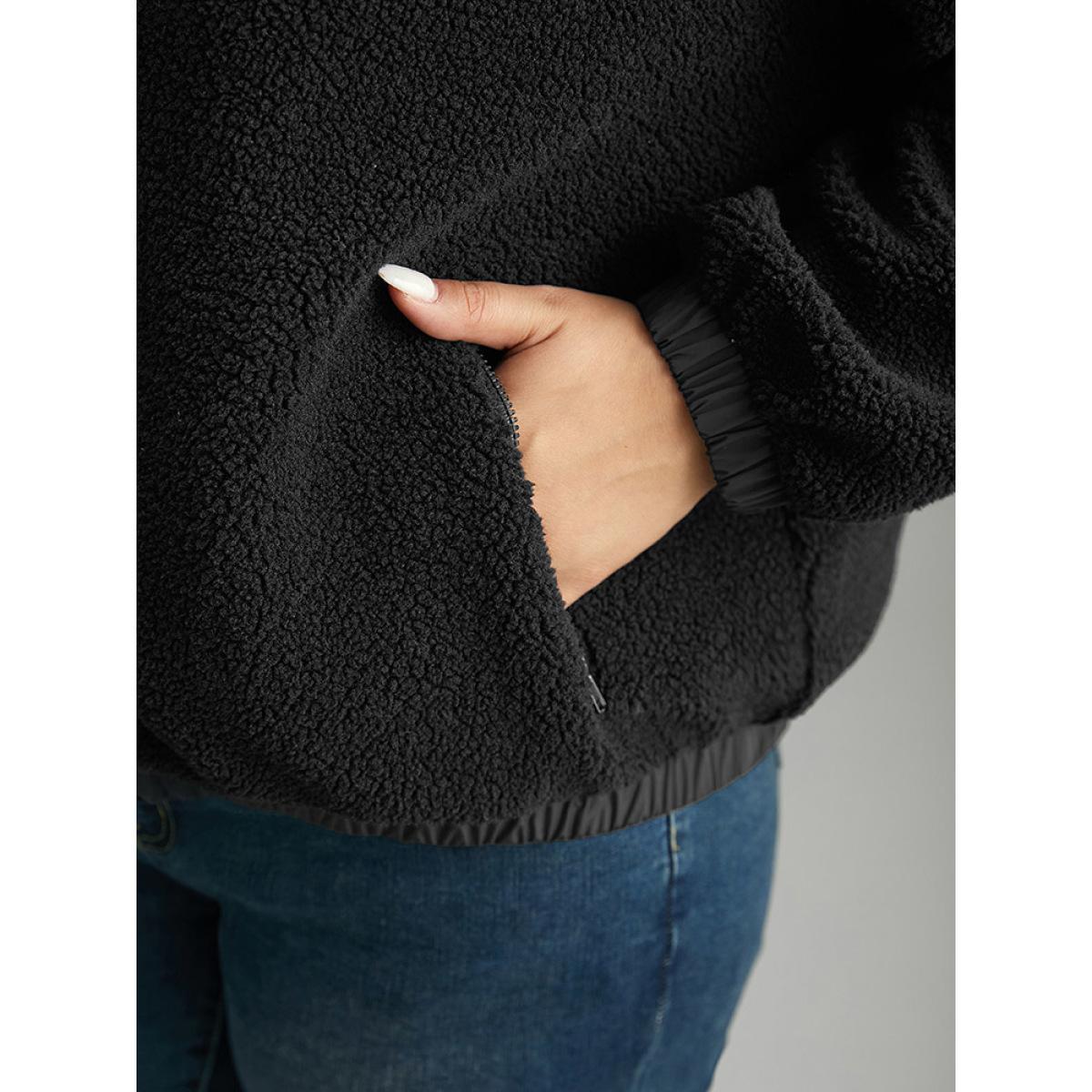Plus Size Solid Patchwork Button Up Pocket Zipper Jacket Women Black Zipper Pocket Dailywear Jackets BloomChic 26/4X Product Image