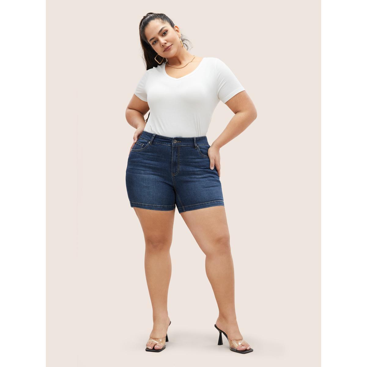 Plus Size Medium Wash Button Up Denim Shorts Women Blue Button High stretch Everyday Slanted pocket Casual Denim Shorts BloomChic 14/1X Product Image