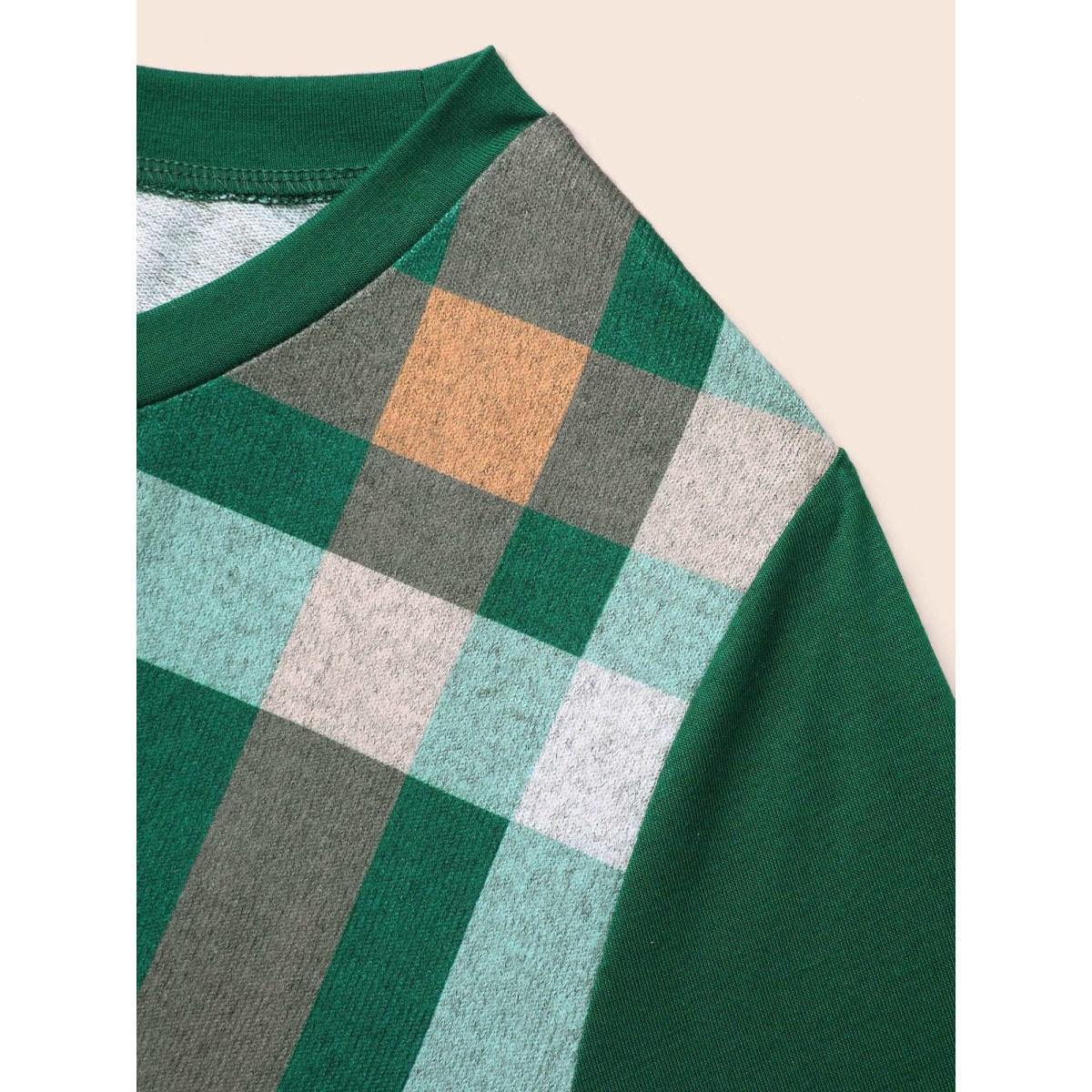 Plus Size Plaid Patchwork Solid Long-Sleeves Tee DarkGreen Women Casual Contrast Round Neck Everyday T-shirts BloomChic 18-20/2X Product Image