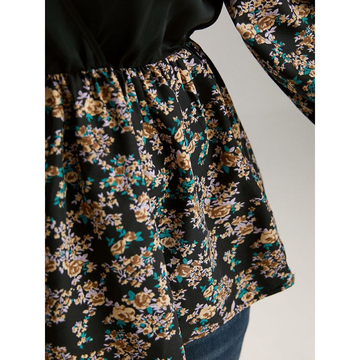 Plus Size Black Ditsy Floral Patchwork Elastic Waist Blouse Women Elegant Long Sleeve V-neck Everyday Blouses BloomChic 30/6X Product Image