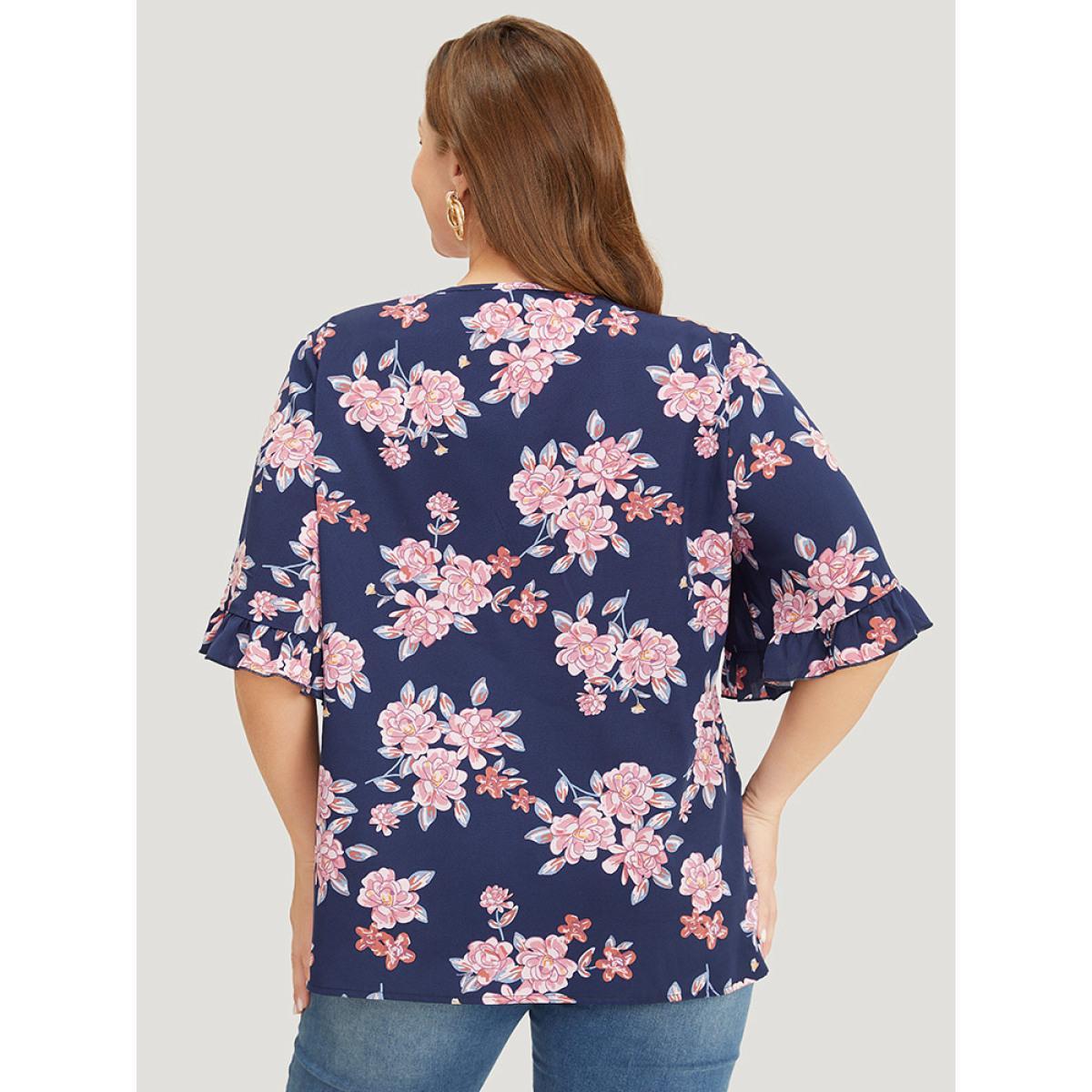 Plus Size Indigo Floral Printed Gathered Ruffle Sleeve Blouse Women Elegant Half Sleeve V-neck Dailywear Blouses BloomChic 10/M Product Image