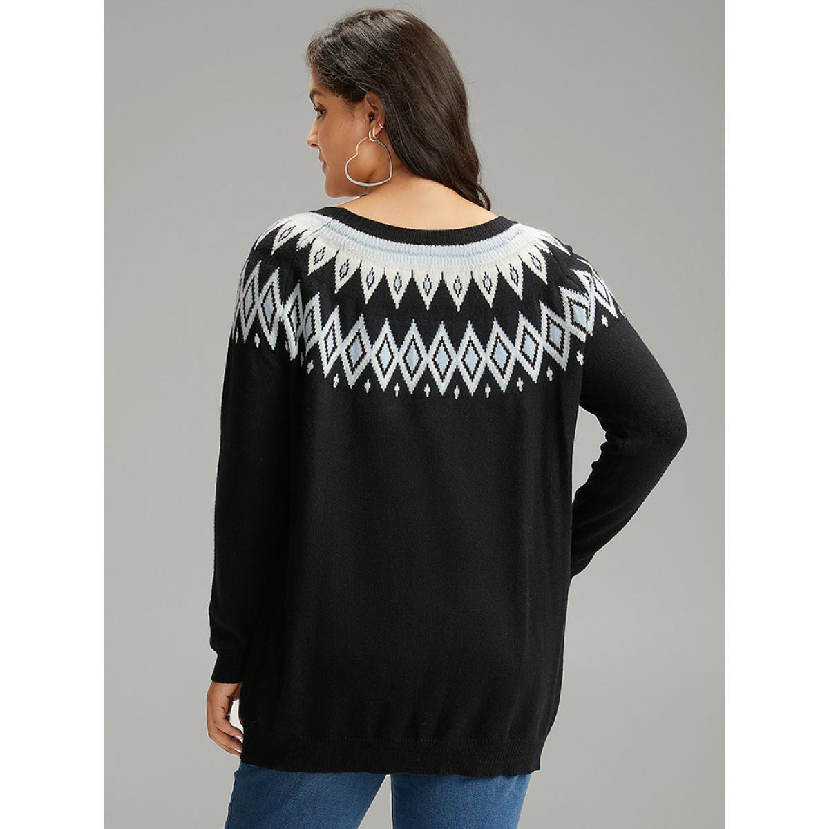 Plus Size Supersoft Essentials Geo Contrast Raglan Sleeve Pullover Black Women Casual Loose Long Sleeve Round Neck Dailywear Pullovers BloomChic 18-20/2X Product Image