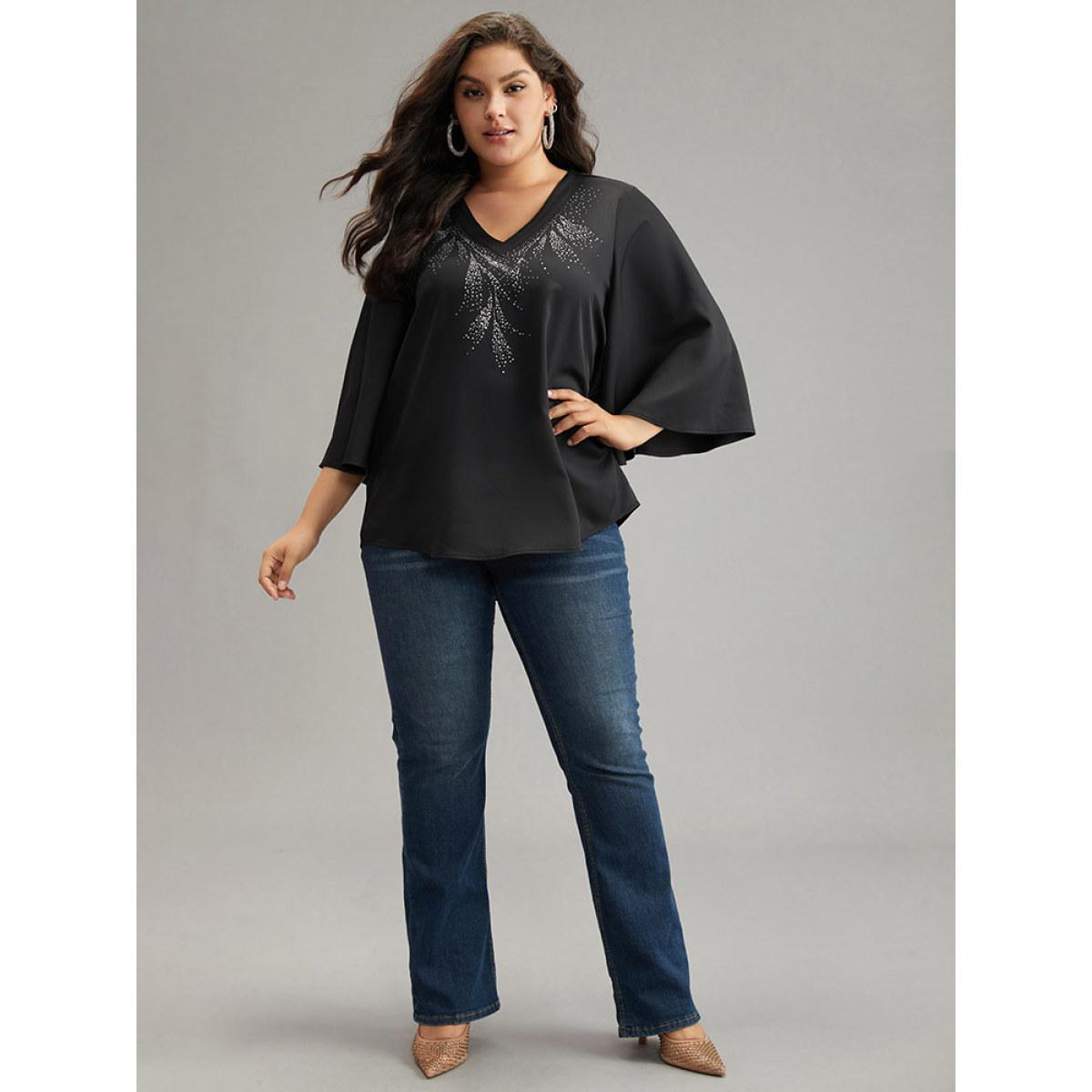 Plus Size Black Twill Rhinestone V Neck Ruffle Sleeve Blouse Women Glamour Elbow-length sleeve V-neck Going out Blouses BloomChic 14-16/1X Product Image