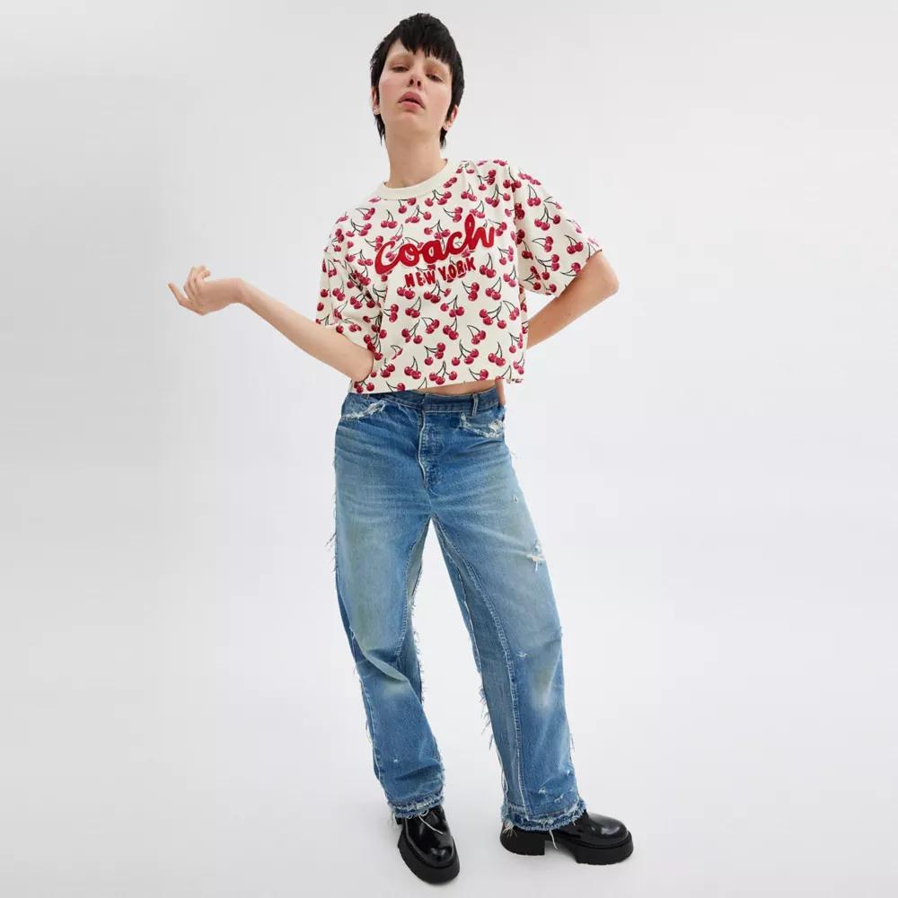 Cherry Print Cursive Signature Cropped T Shirt In Organic Cotton Product Image