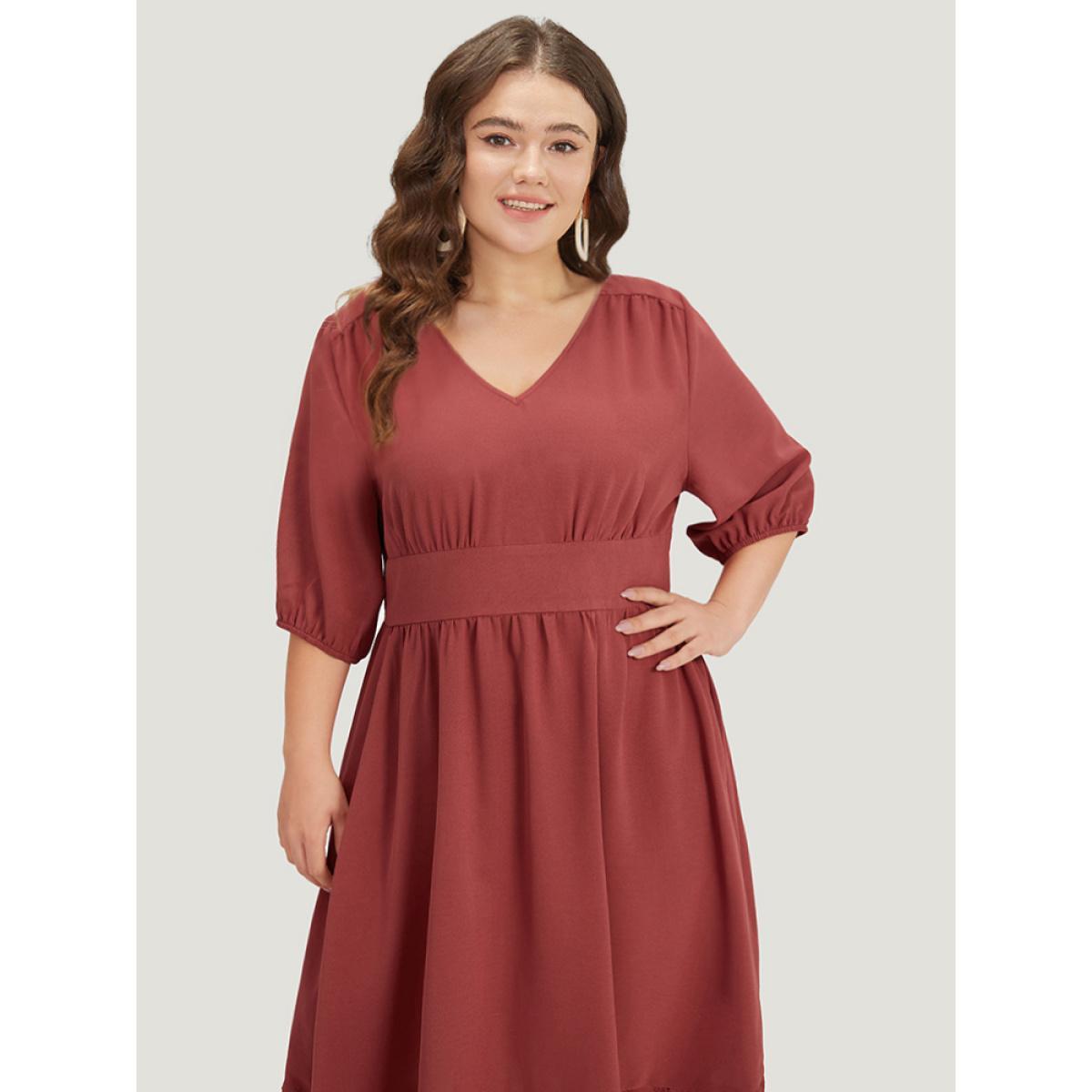 Plus Size Plain Elastic Cuffs Pocket Laser Cut Dress Russet Women Elegant Elastic cuffs V-neck Elbow-length sleeve Curvy Midi Dress BloomChic 26/4X Product Image