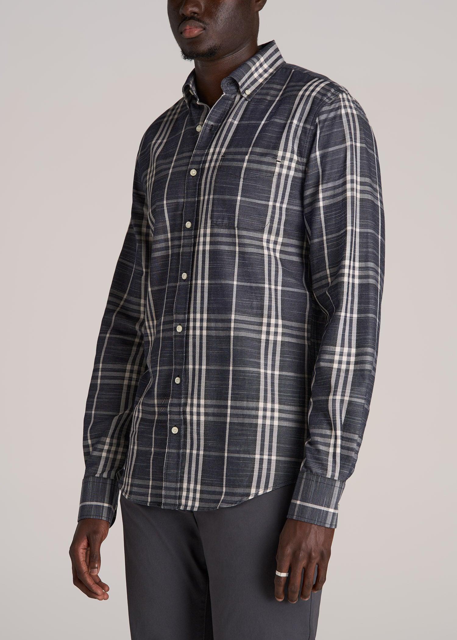 Textured Weave Cotton Button-Up Shirt for Tall Men in Dark Blue Plaid Product Image
