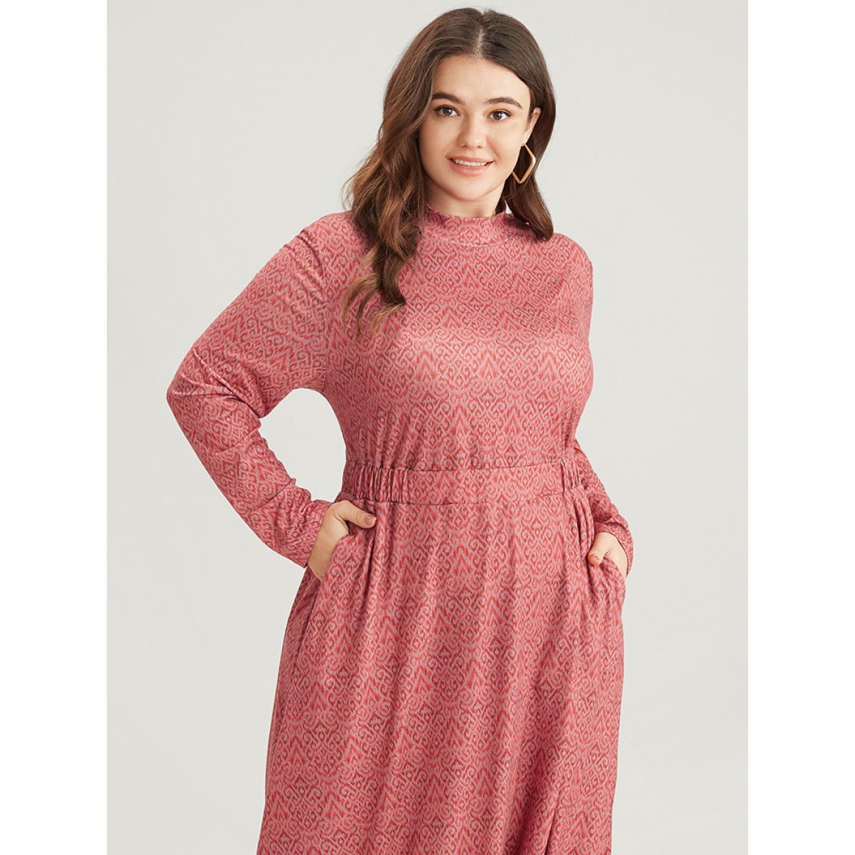 Plus Size Bandana Print Mock Neck Pocket Ruffle Hem Dress Scarlet Women Elegant Elastic Waist Mock Neck Long Sleeve Curvy Midi Dress BloomChic 30/6X Product Image