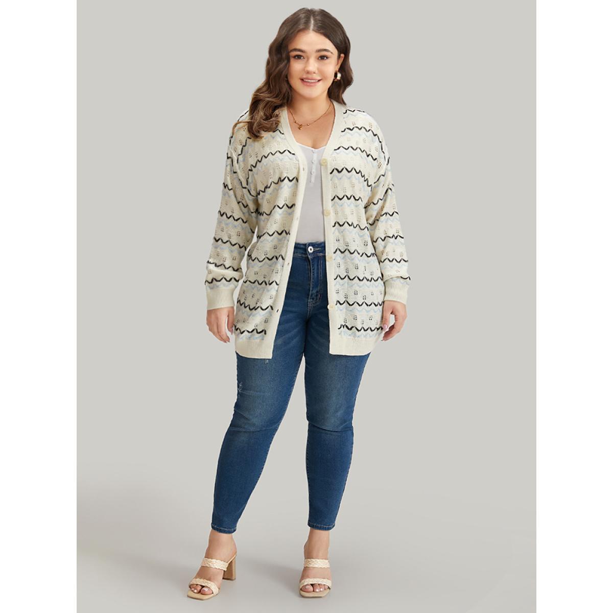 Plus Size UltraCool Wave Striped Eyelet Button Through Cardigan Beige Women Casual Loose Long Sleeve Everyday Cardigans BloomChic 28/5X Product Image