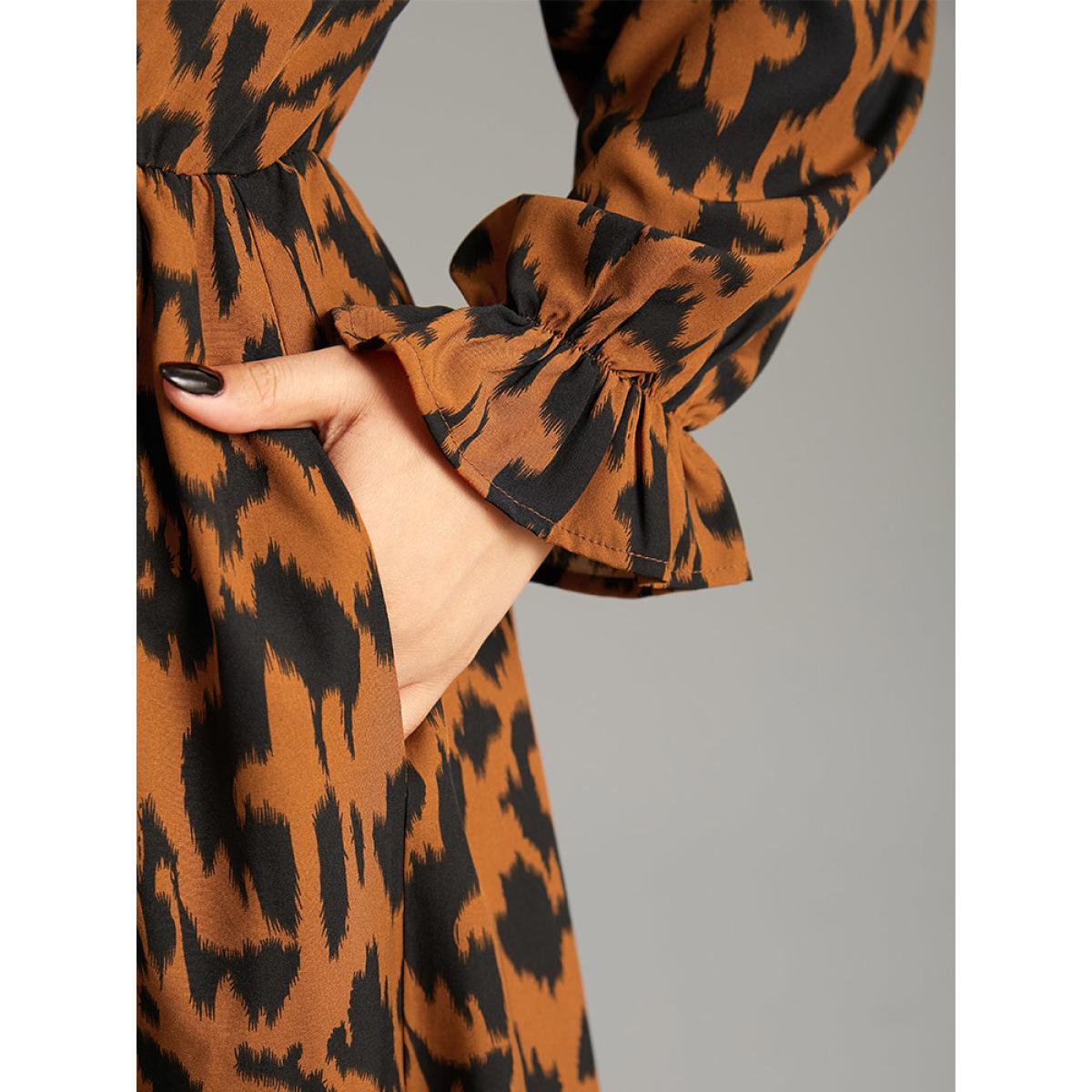 Plus Size Overlap Collar Leopard Gathered Ruffles Dress Chocolate Women Office Wrap Overlap Collar Long Sleeve Curvy Midi Dress BloomChic 28/5X Product Image