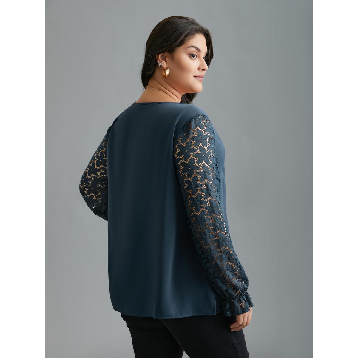 Plus Size Indigo Sheer Floral Sleeve Scalloped Neck Shirt Women Elegant Long Sleeve V-neck Everyday Blouses BloomChic 12/L Product Image