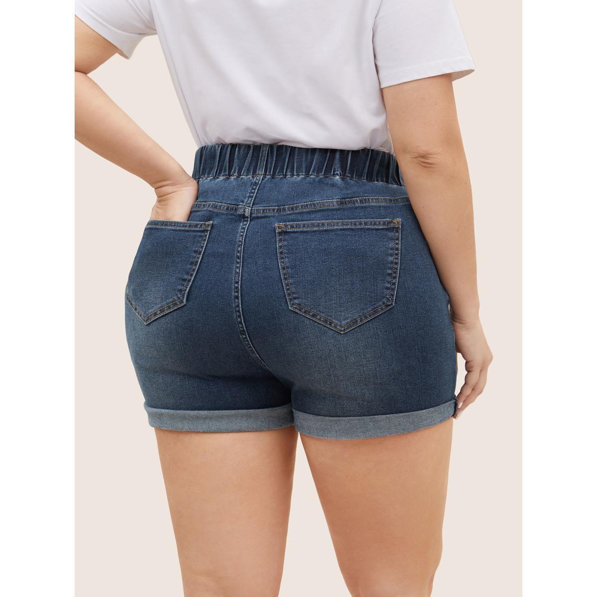 Plus Size Dark Wash Elastic Waist Roll Hem Denim Shorts Women DarkBlue Roll Hem Medium stretch Everyday Slanted pocket Casual Denim Shorts BloomChic 18/2X Product Image
