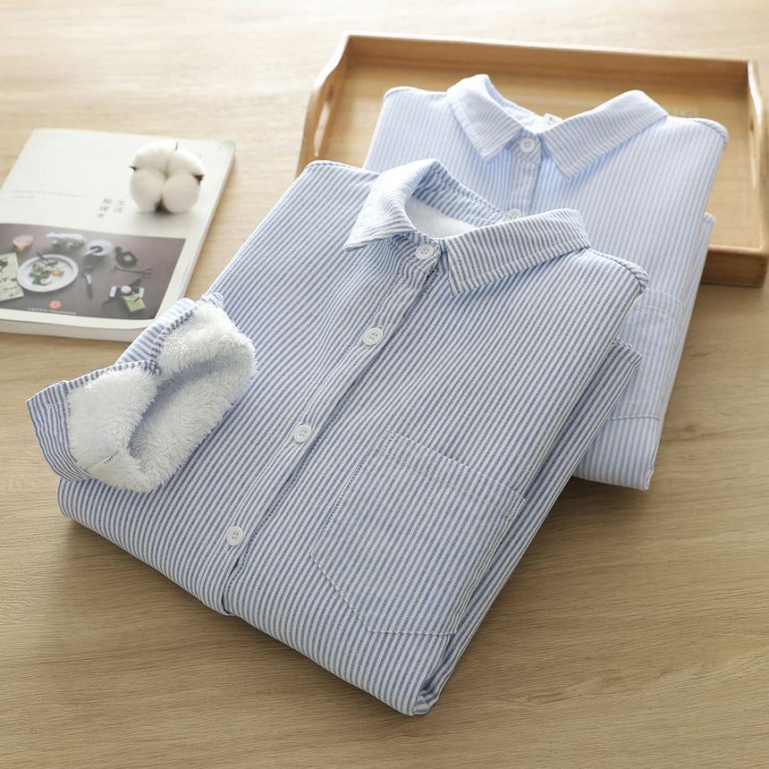 Striped Fleece-Lined Button-Up Shirt Product Image