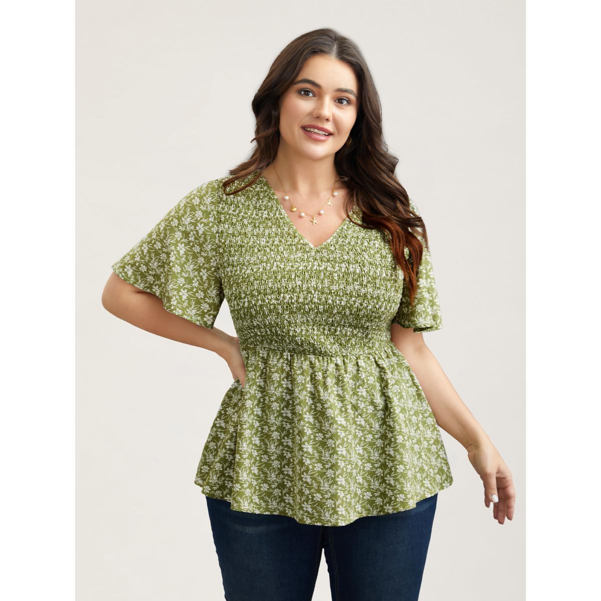 Plus Size Sage Floral Print Shirred Front Peplum Shirt Women Elegant Short sleeve V-neck Everyday Blouses BloomChic 10/M Product Image