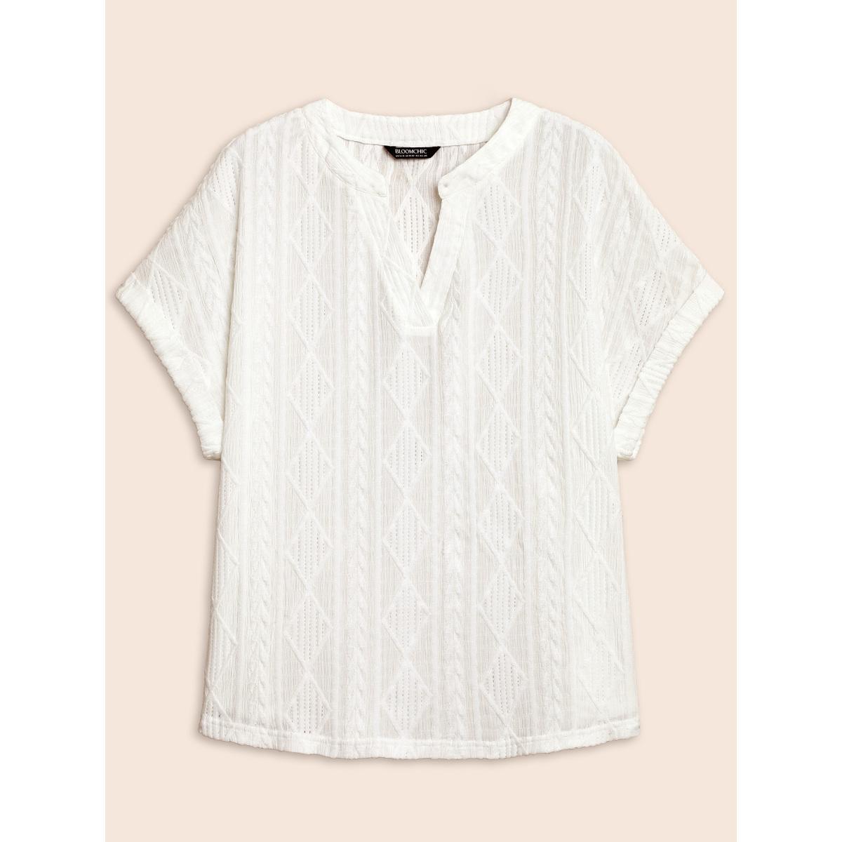 Plus Size Plain Jacquard Notched Dolman Sleeve T-shirt Ivory Women Elegant Texture Flat collar with V-notch Everyday T-shirts BloomChic 26/4X Product Image