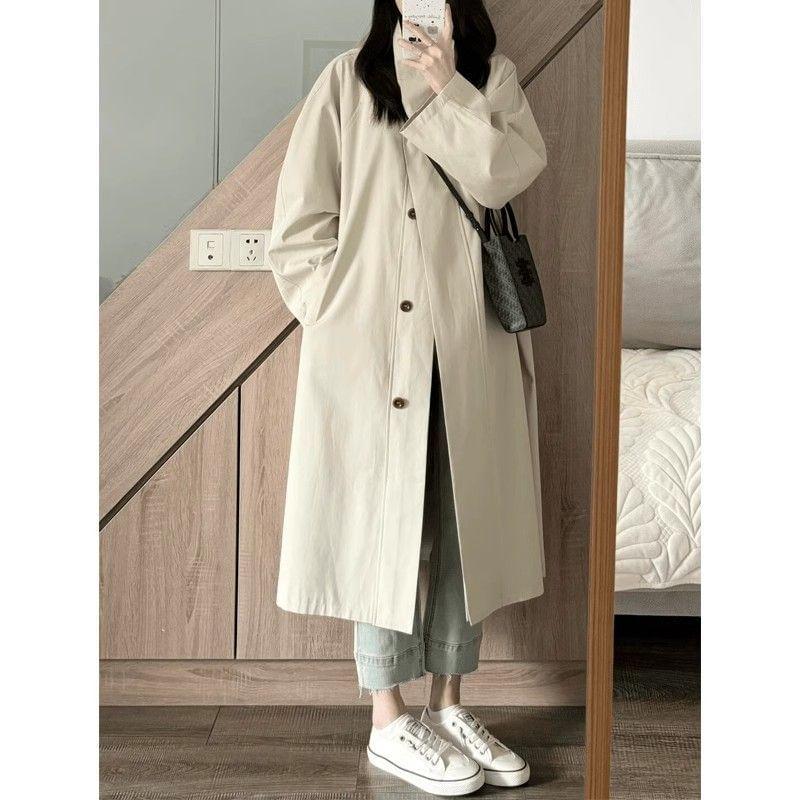 Stand Collar Plain Single Breasted Long Trench Coat Product Image