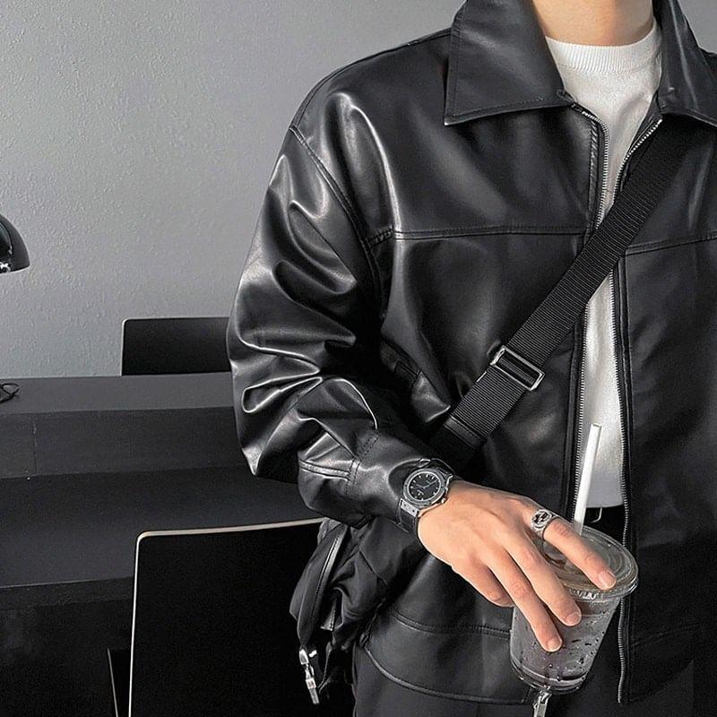 Collared Faux Leather Zip-Up Jacket Product Image