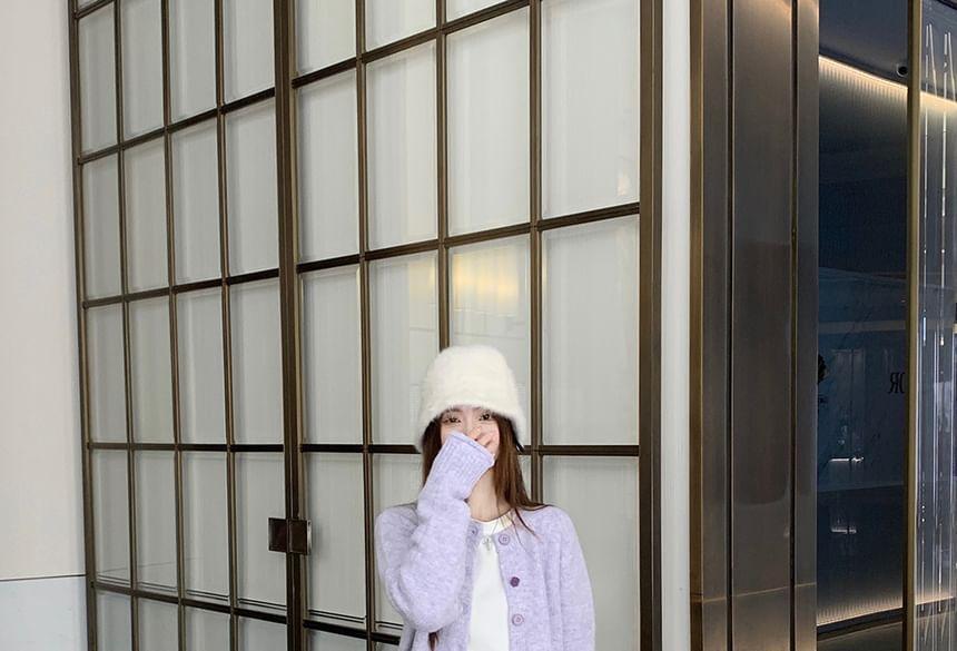Crew Neck Plain Button-Up Cardigan / Drawstring Waist Corduroy Wide Leg Pants Product Image