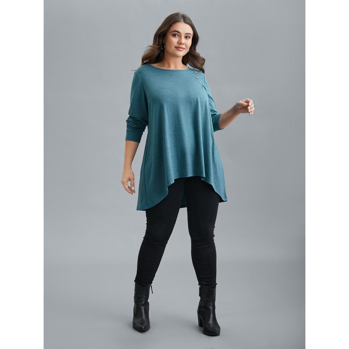 Plus Size Shoulder Button Hi-Low Hem Flared T-Shirt Teal Women Casual Button Round Neck Loose Everyday T-shirts BloomChic 10/M Product Image