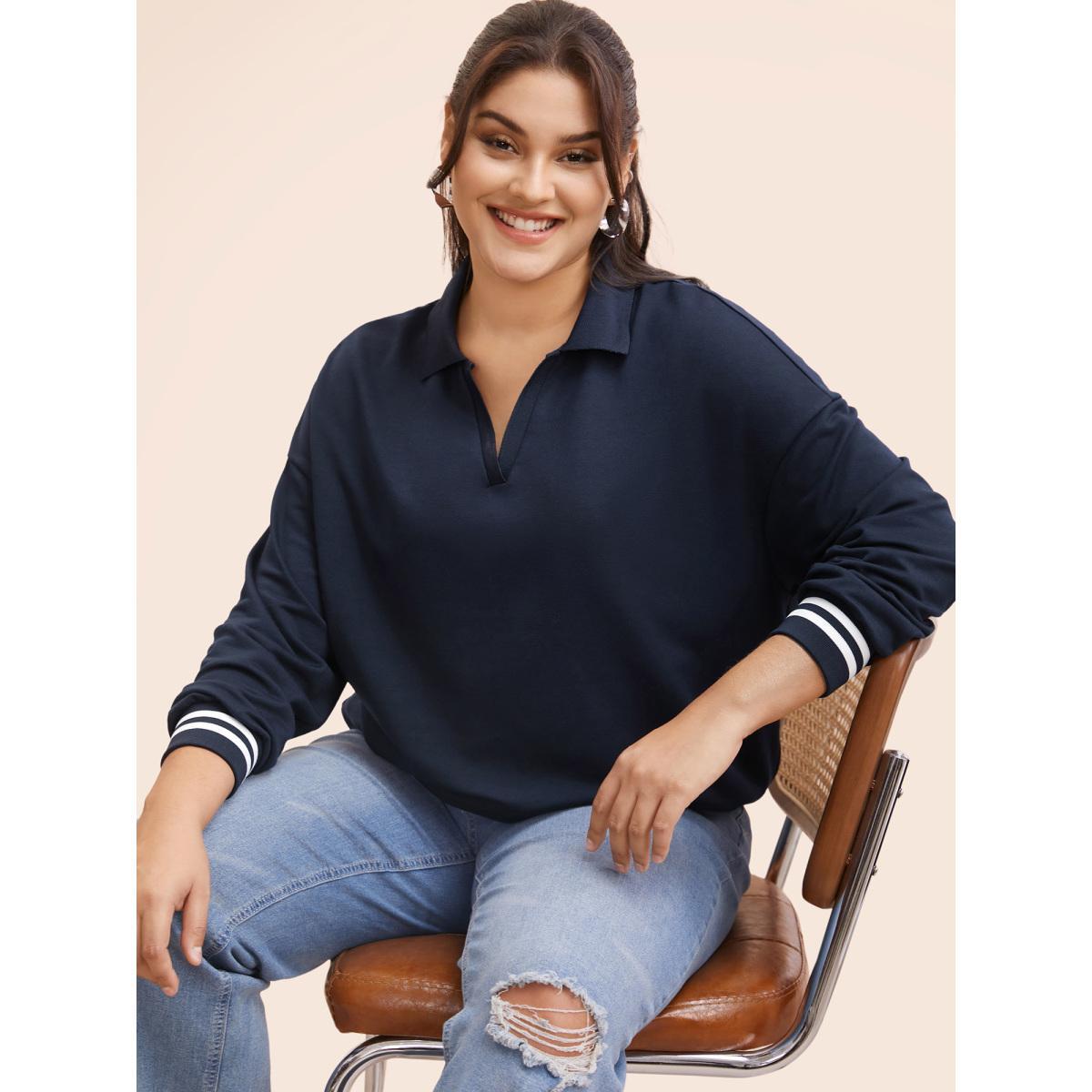 Plus Size Polo Neck Contrast Trim Drop Shoulder Sweatshirt Women Midnight Casual Contrast Polo Everyday Sweatshirts BloomChic 18-20/2X Product Image