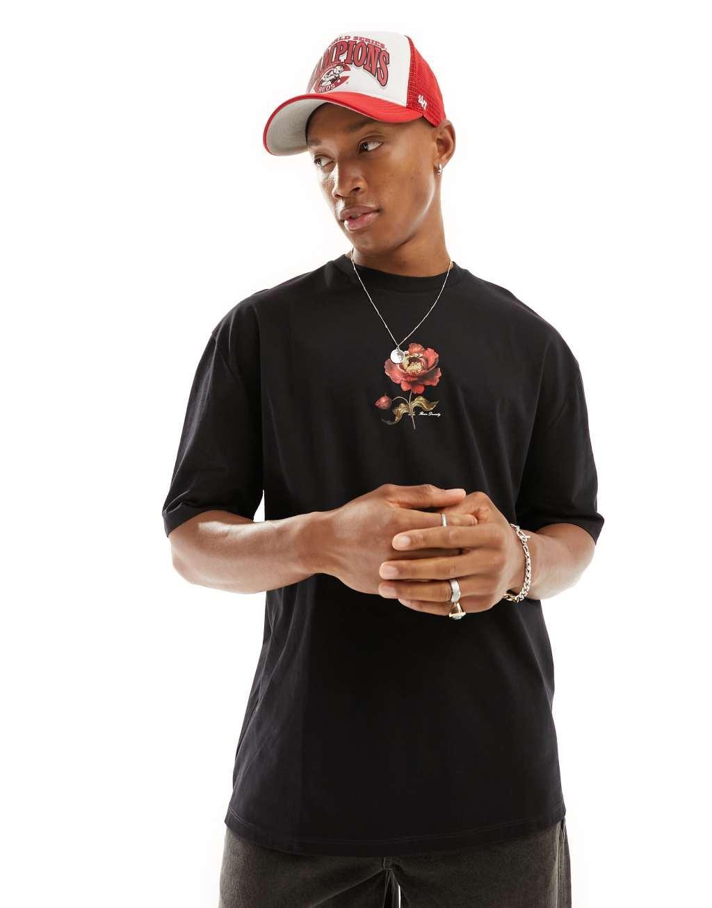 ASOS DESIGN oversized t-shirt in black with rose chest print Product Image