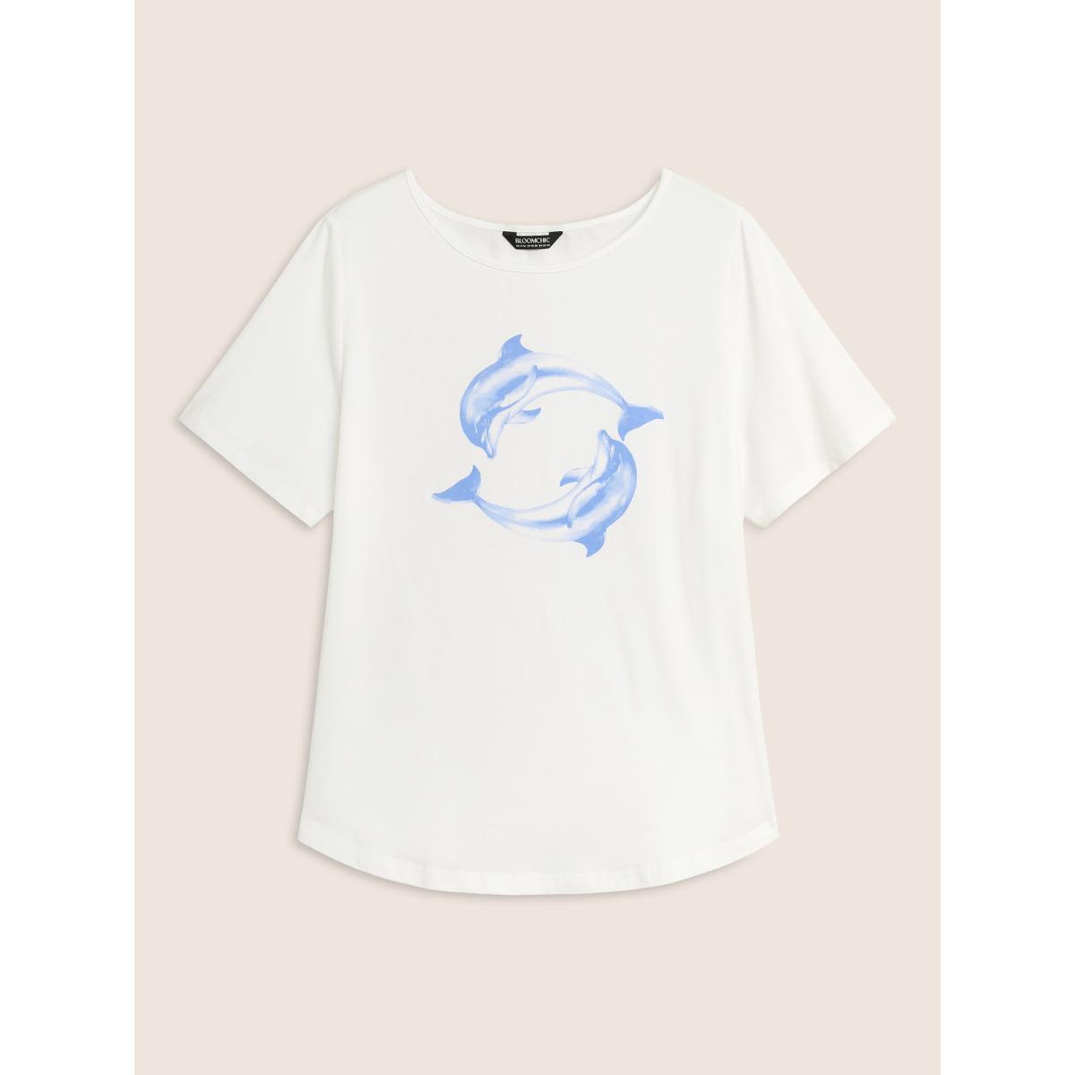Plus Size Crew Neck Dolphin Print Arc Hem T-shirt Originalwhite Women Resort Contrast Marine Round Neck Vacation T-shirts BloomChic 22-24/3X Product Image
